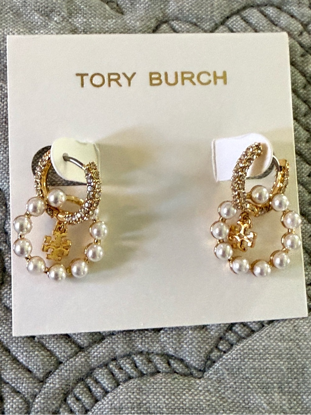 Tory Burch Moondance Faux Pearl Hoop Pave Diamond Earrings Huggies